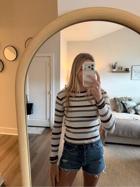Striped Long-Sleeve Ribbed Top in White with Black & Brown Stripes